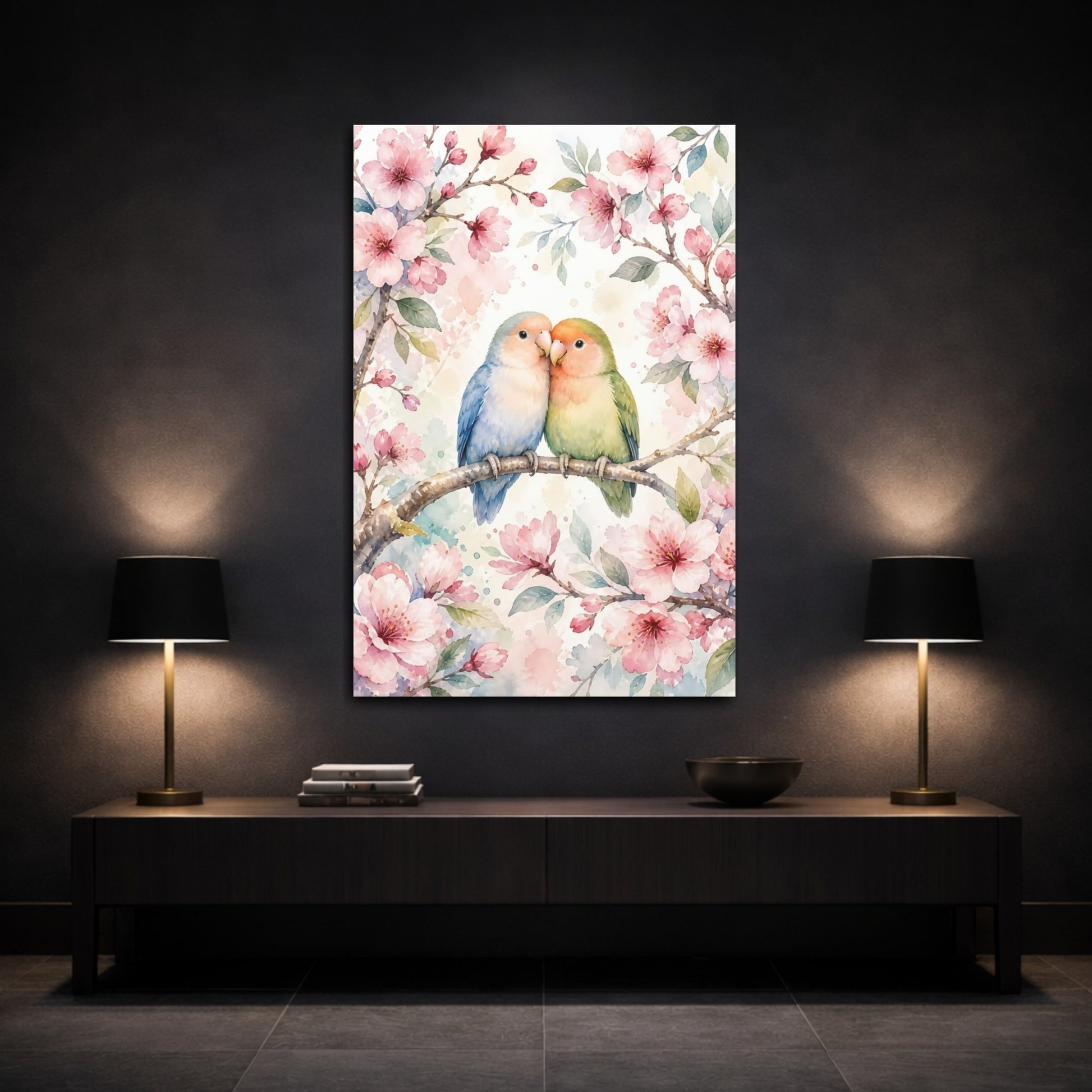 Mockup 3. Animals Lovebirds Pink Green Birds shown as stretched canvas wall art