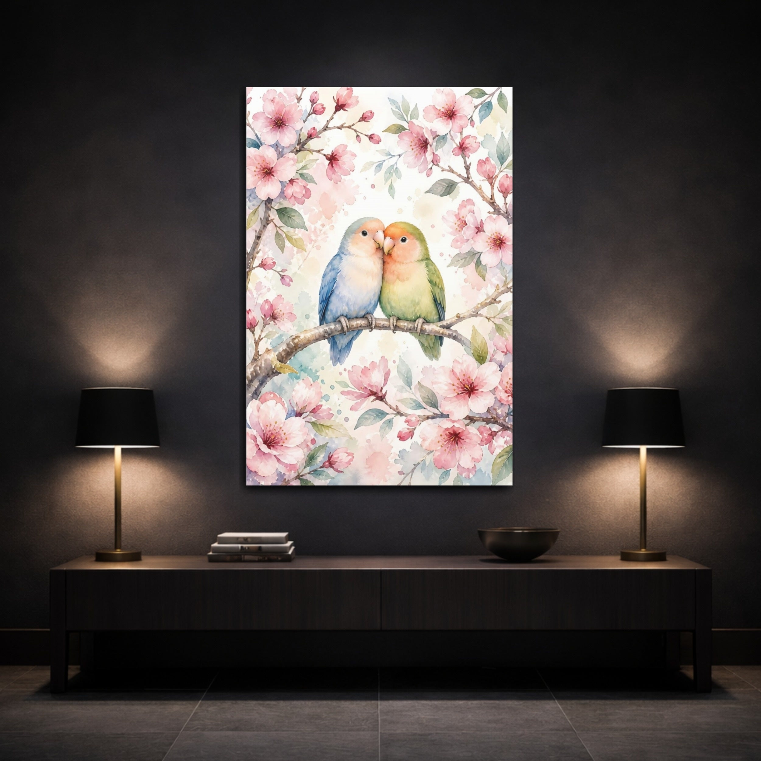 Mockup 3. Animals Lovebirds Pink Green Birds shown as stretched canvas wall art