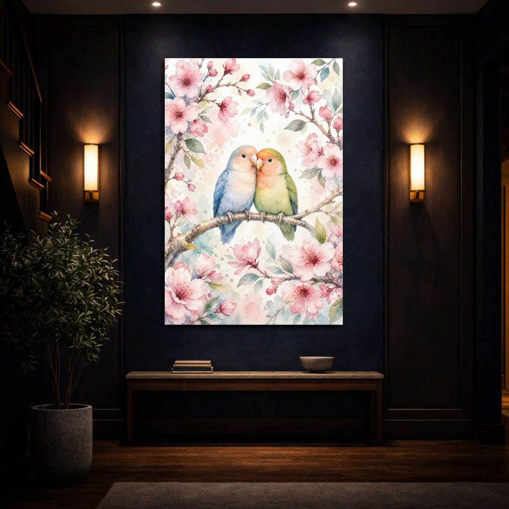Mockup 4. Animals Lovebirds Pink Green Birds shown as stretched canvas wall art
