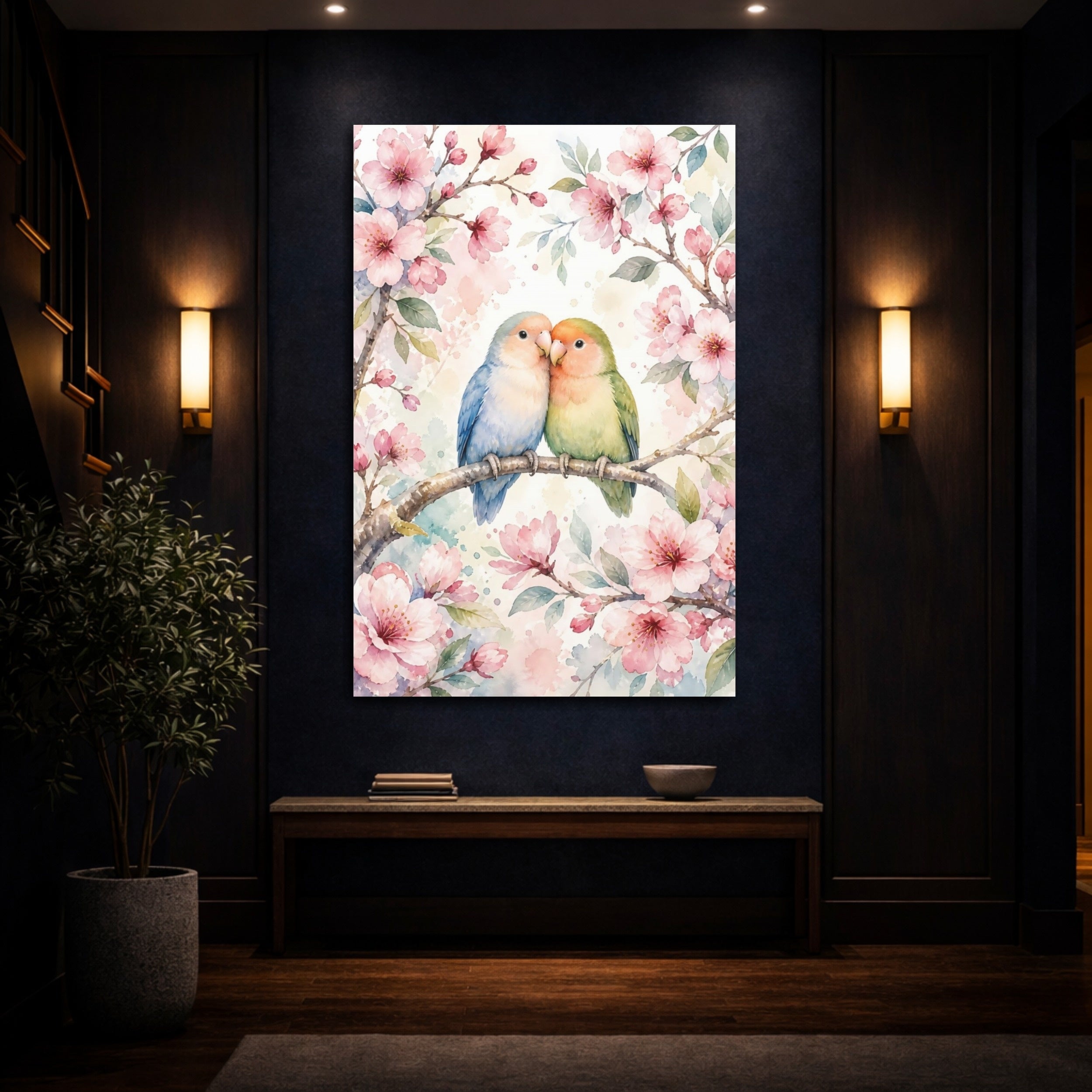 Mockup 4. Animals Lovebirds Pink Green Birds shown as stretched canvas wall art