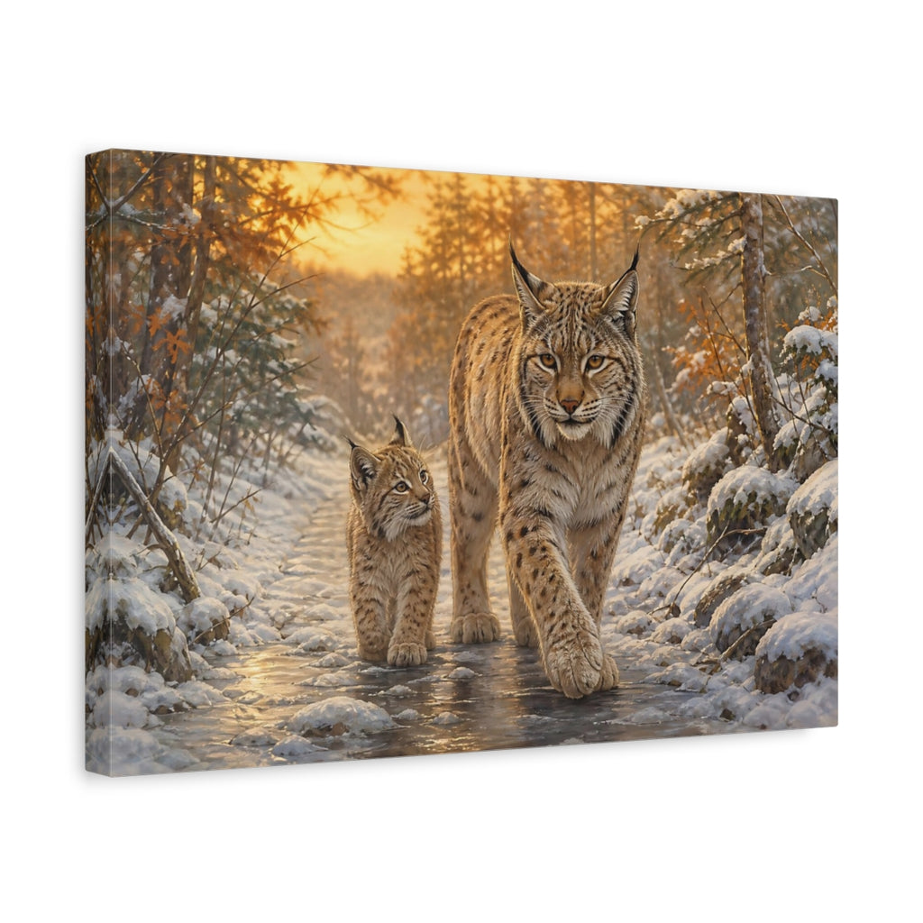 Side Mockup 4. Animals Lynx Family Brown And Gold shown as stretched canvas wall art