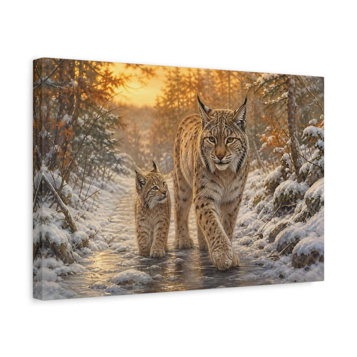 Side Mockup 4. Animals Lynx Family Brown And Gold shown as stretched canvas wall art