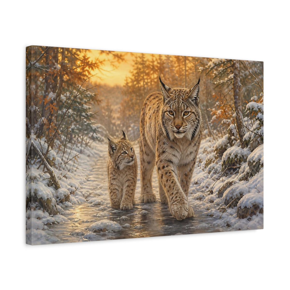 Side Mockup 3. Animals Lynx Family Brown And Gold shown as stretched canvas wall art
