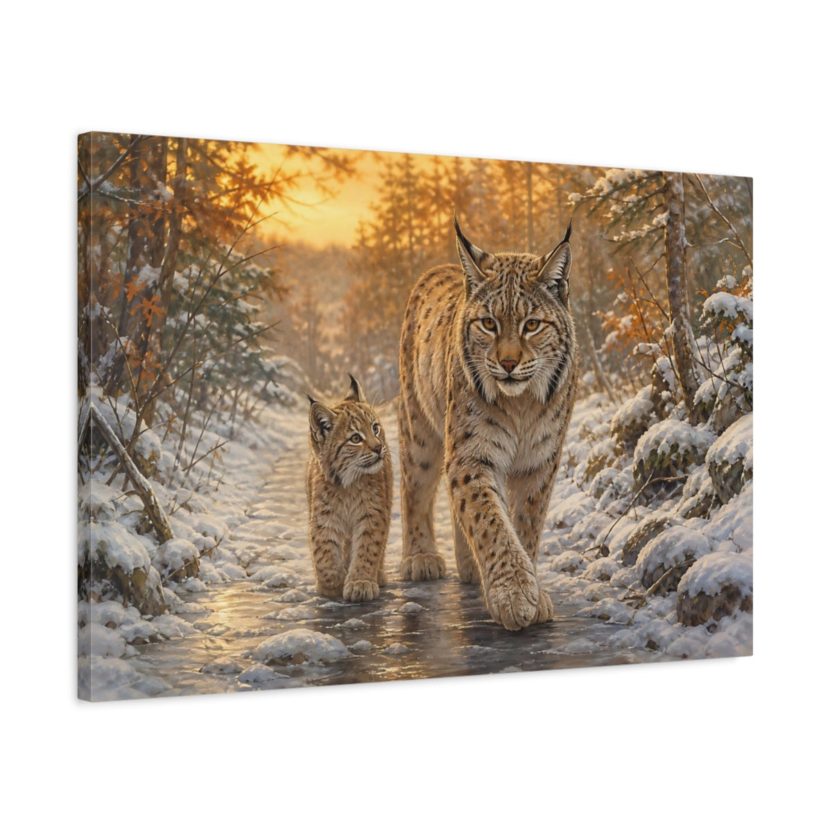 Side Mockup 2. Animals Lynx Family Brown And Gold shown as stretched canvas wall art