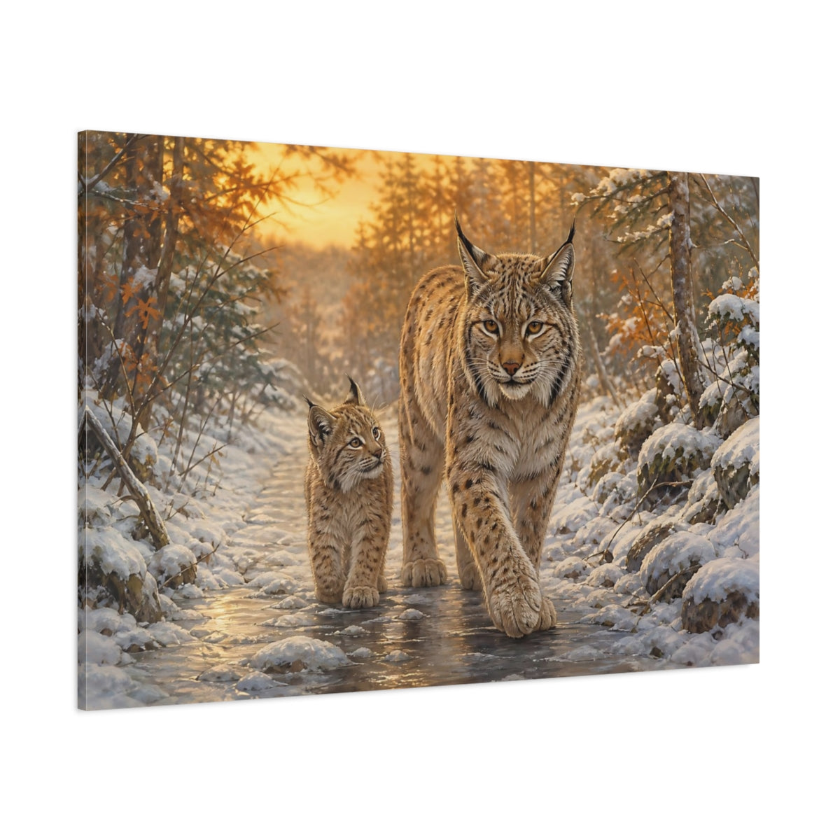 Side Mockup 1. Animals Lynx Family Brown And Gold shown as stretched canvas wall art