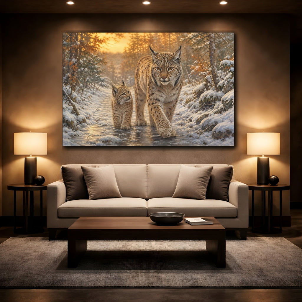 Mockup 2. Animals Lynx Family Brown And Gold shown as stretched canvas wall art