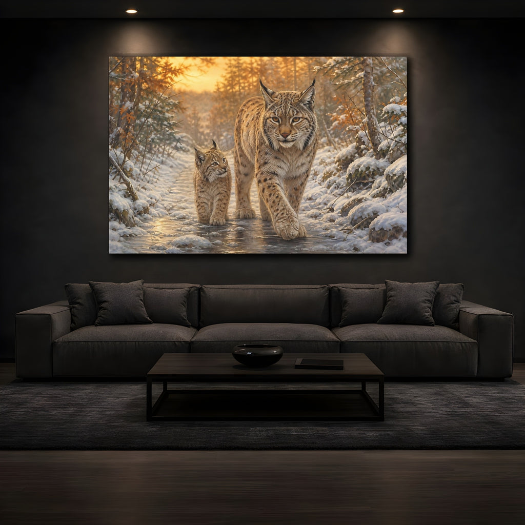 Mockup 3. Animals Lynx Family Brown And Gold shown as stretched canvas wall art