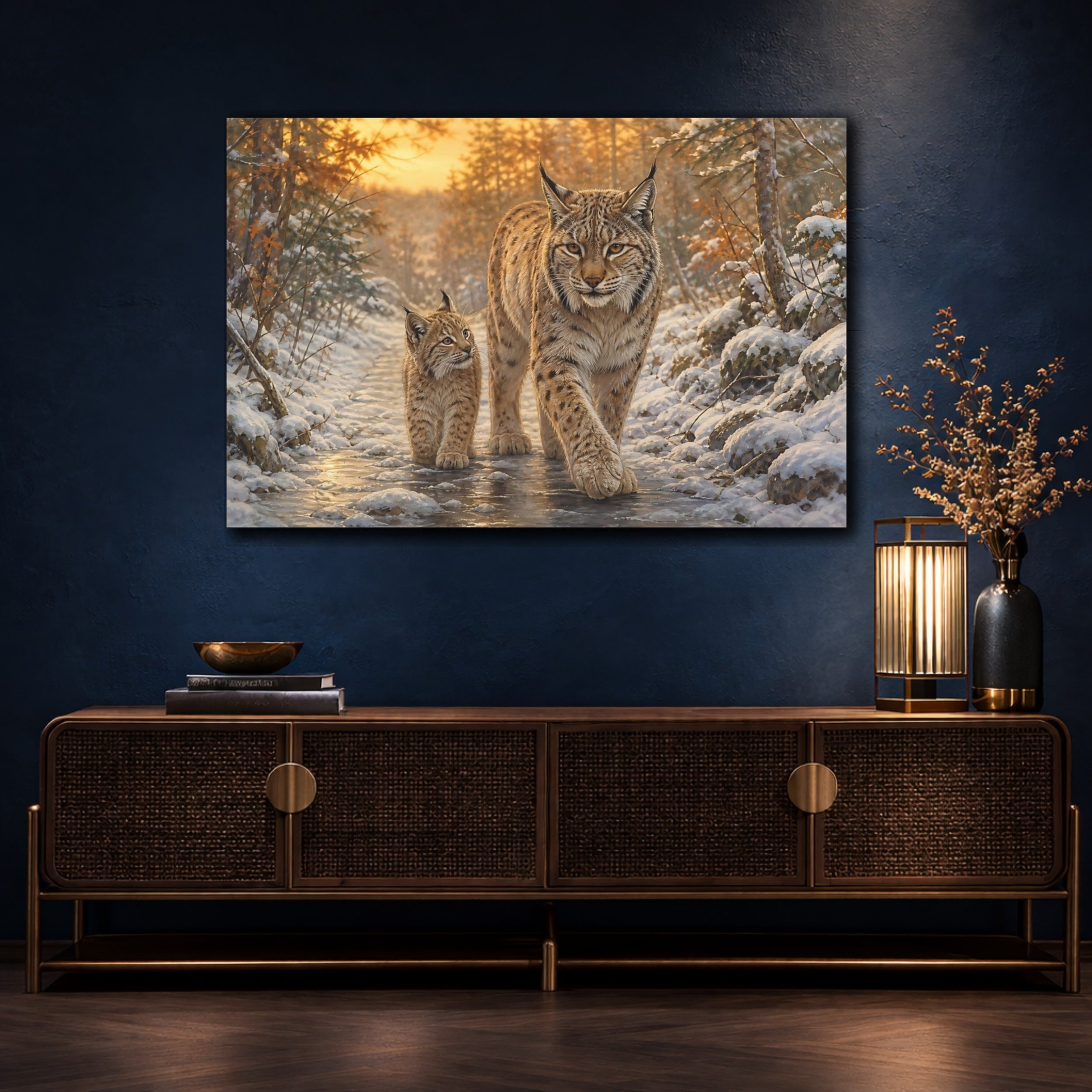 Mockup 4. Animals Lynx Family Brown And Gold shown as stretched canvas wall art