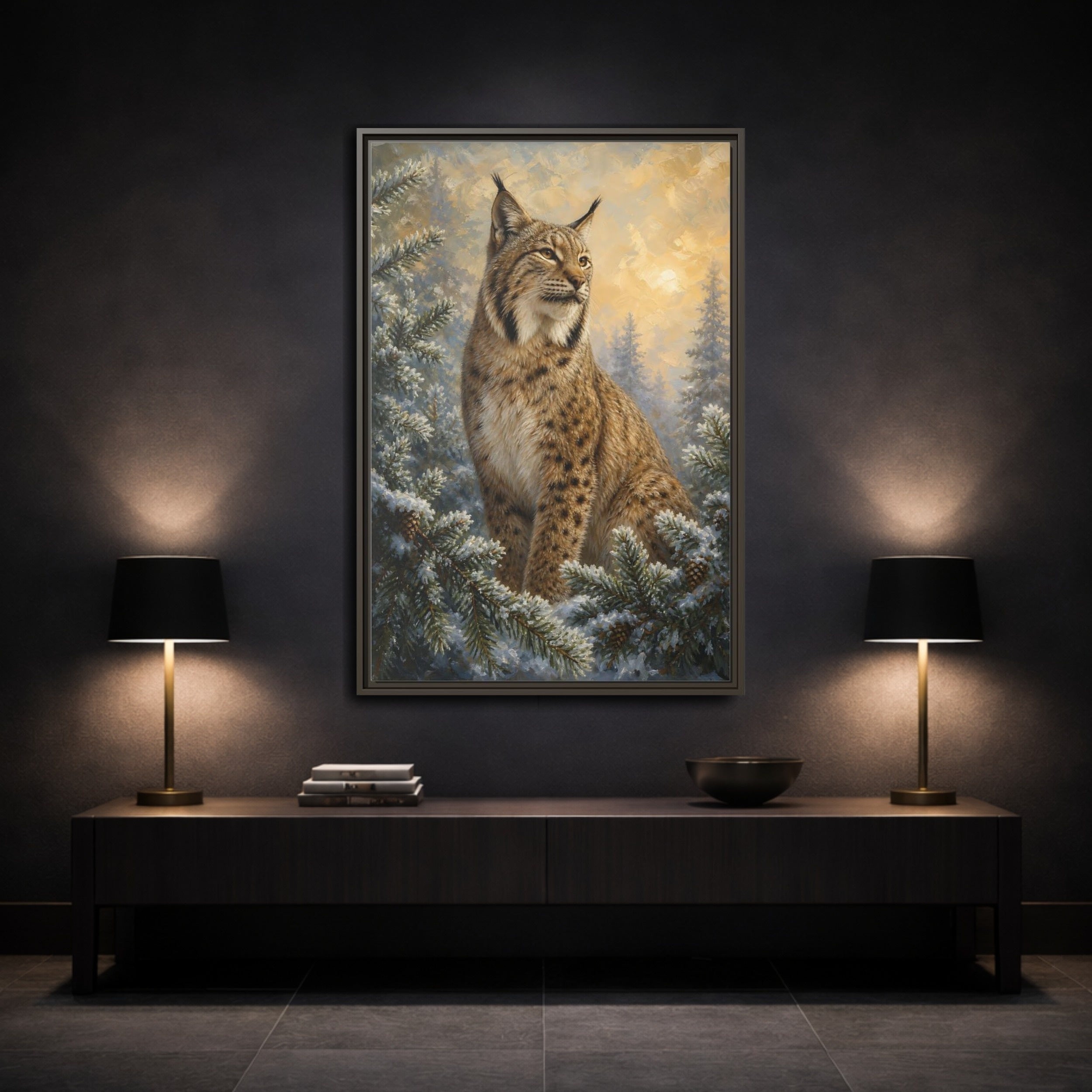 Mockup 3. Animals Lynx Lynx Winter Scene shown as stretched canvas wall art