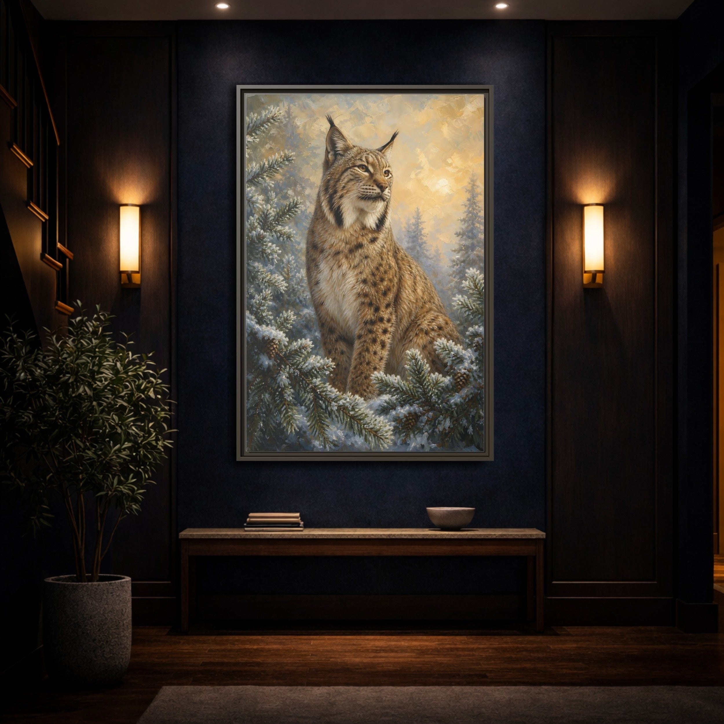 Mockup 4. Animals Lynx Lynx Winter Scene shown as stretched canvas wall art
