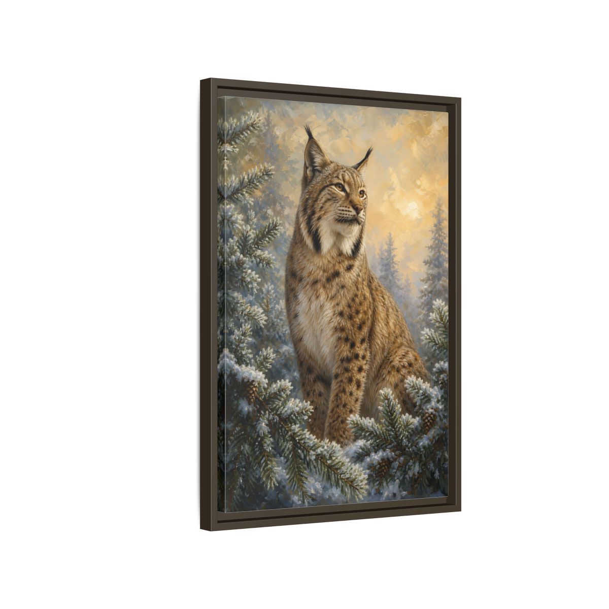 Side Mockup 2. Animals Lynx Lynx Winter Scene shown as stretched canvas wall art