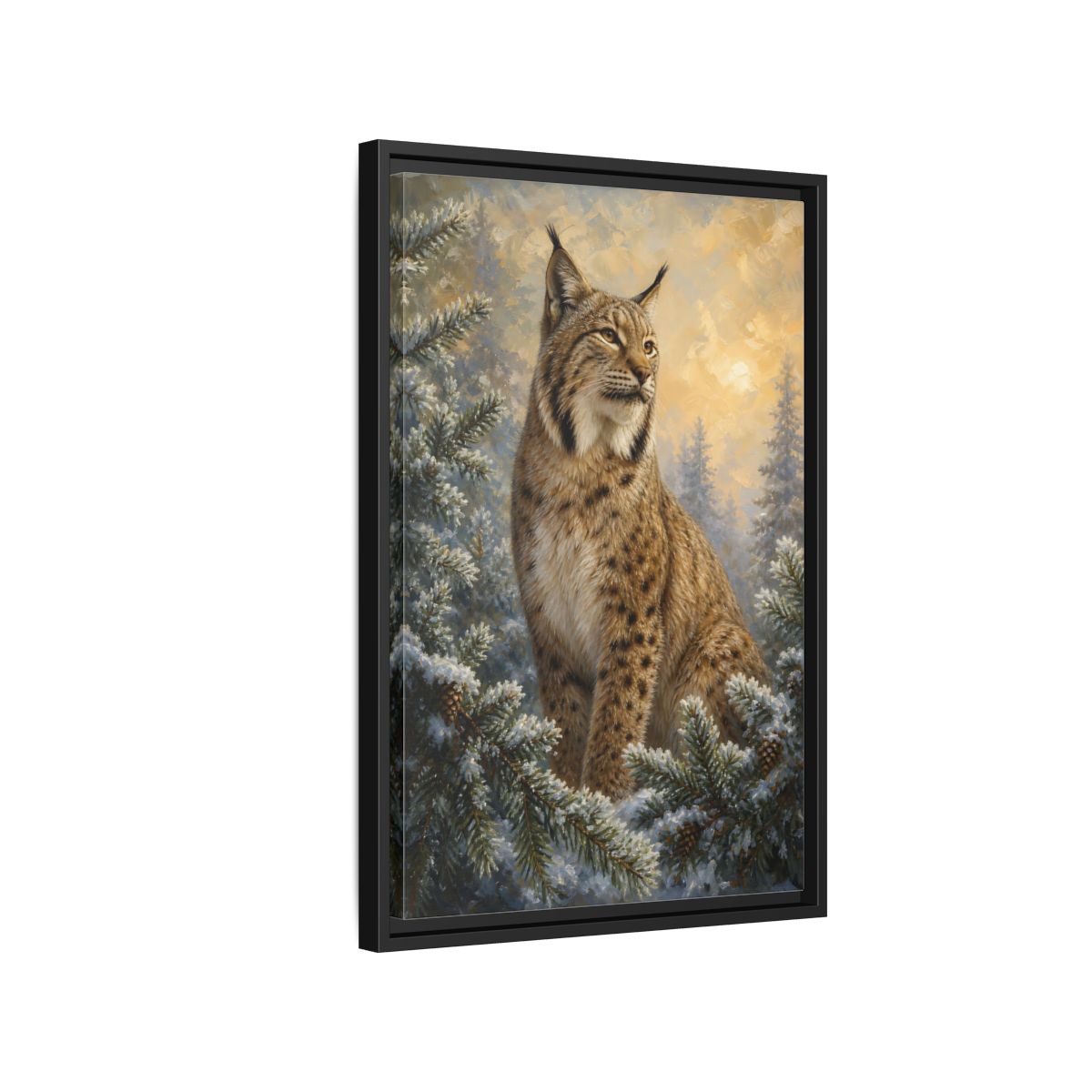 Side Mockup 3. Animals Lynx Lynx Winter Scene shown as stretched canvas wall art