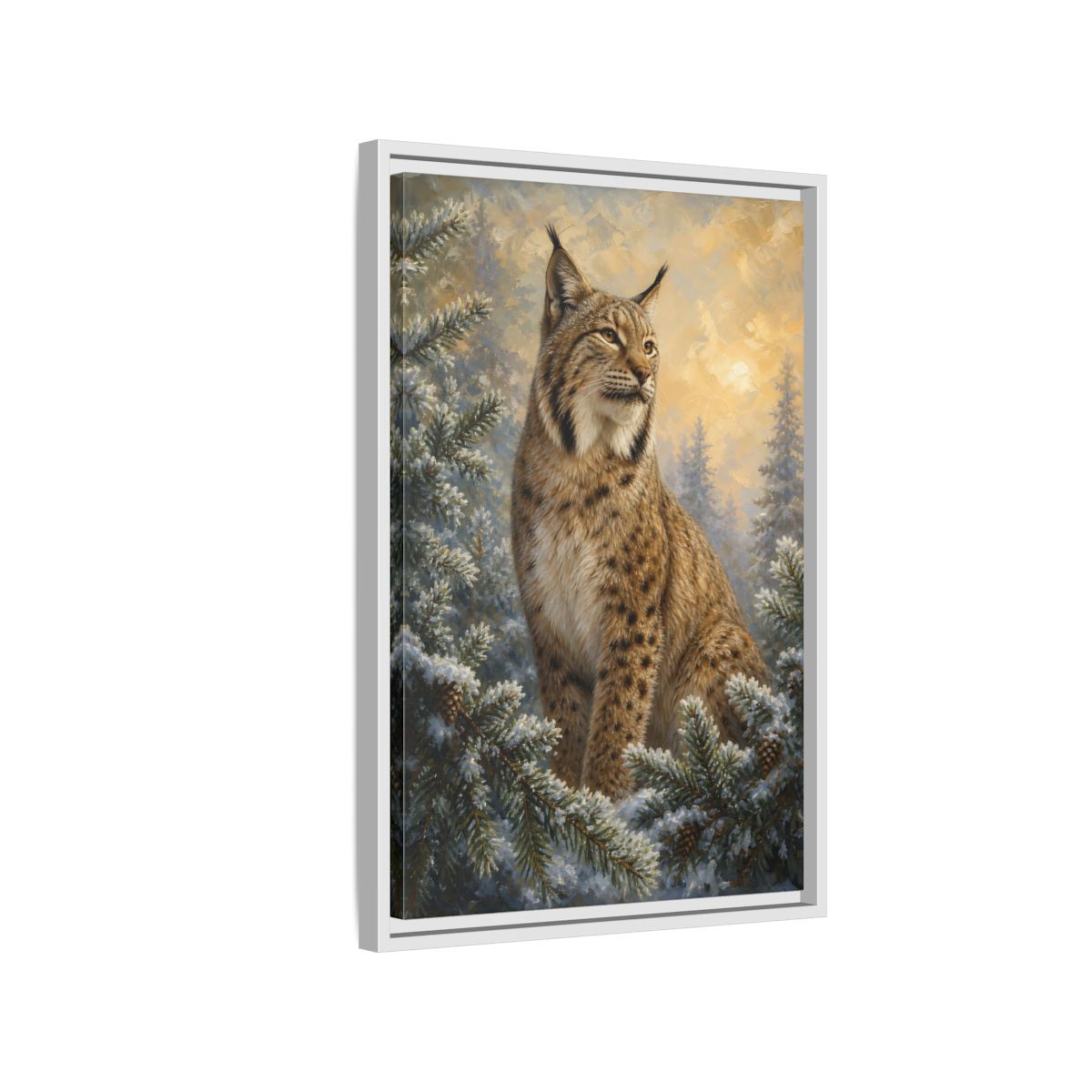 Side Mockup 1. Animals Lynx Lynx Winter Scene shown as stretched canvas wall art