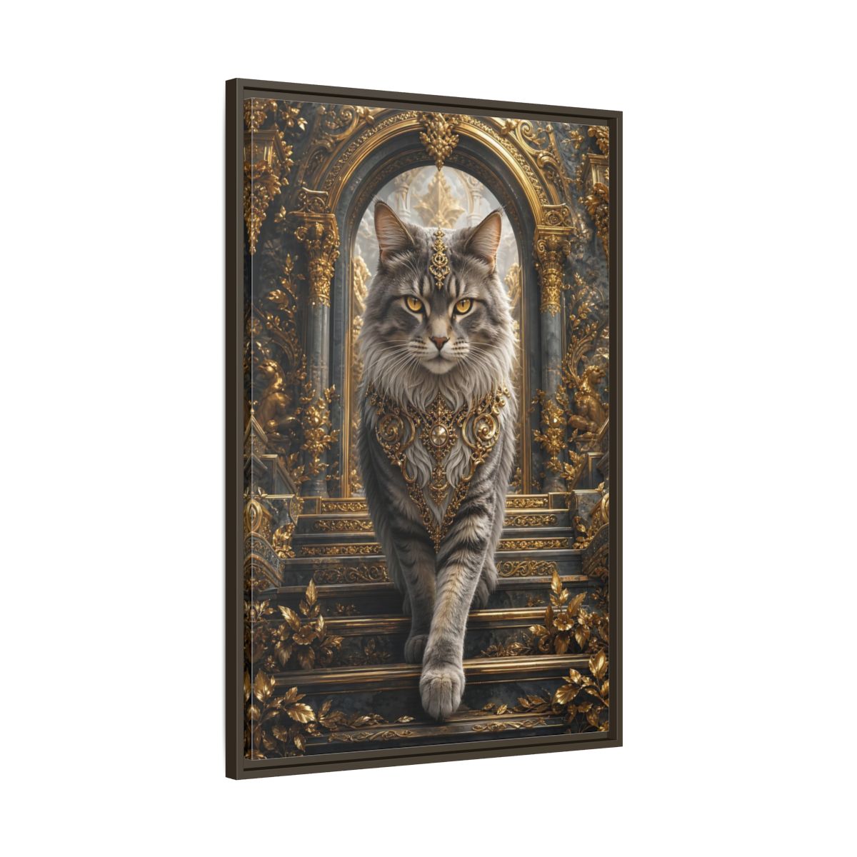 Main Mockup. Animals Majestic Cat Gray And Gold Cat shown as stretched canvas wall art