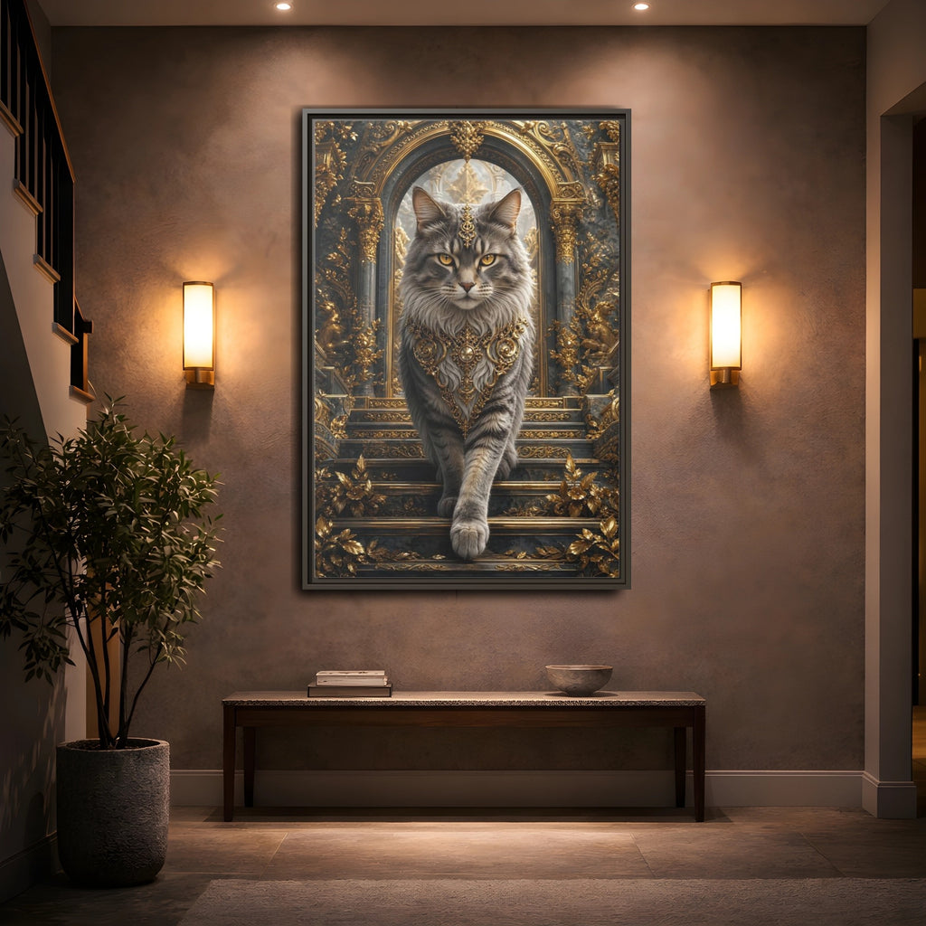 Mockup 2. Animals Majestic Cat Gray And Gold Cat shown as stretched canvas wall art