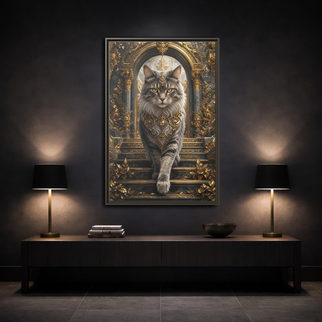 Mockup 3. Animals Majestic Cat Gray And Gold Cat shown as stretched canvas wall art