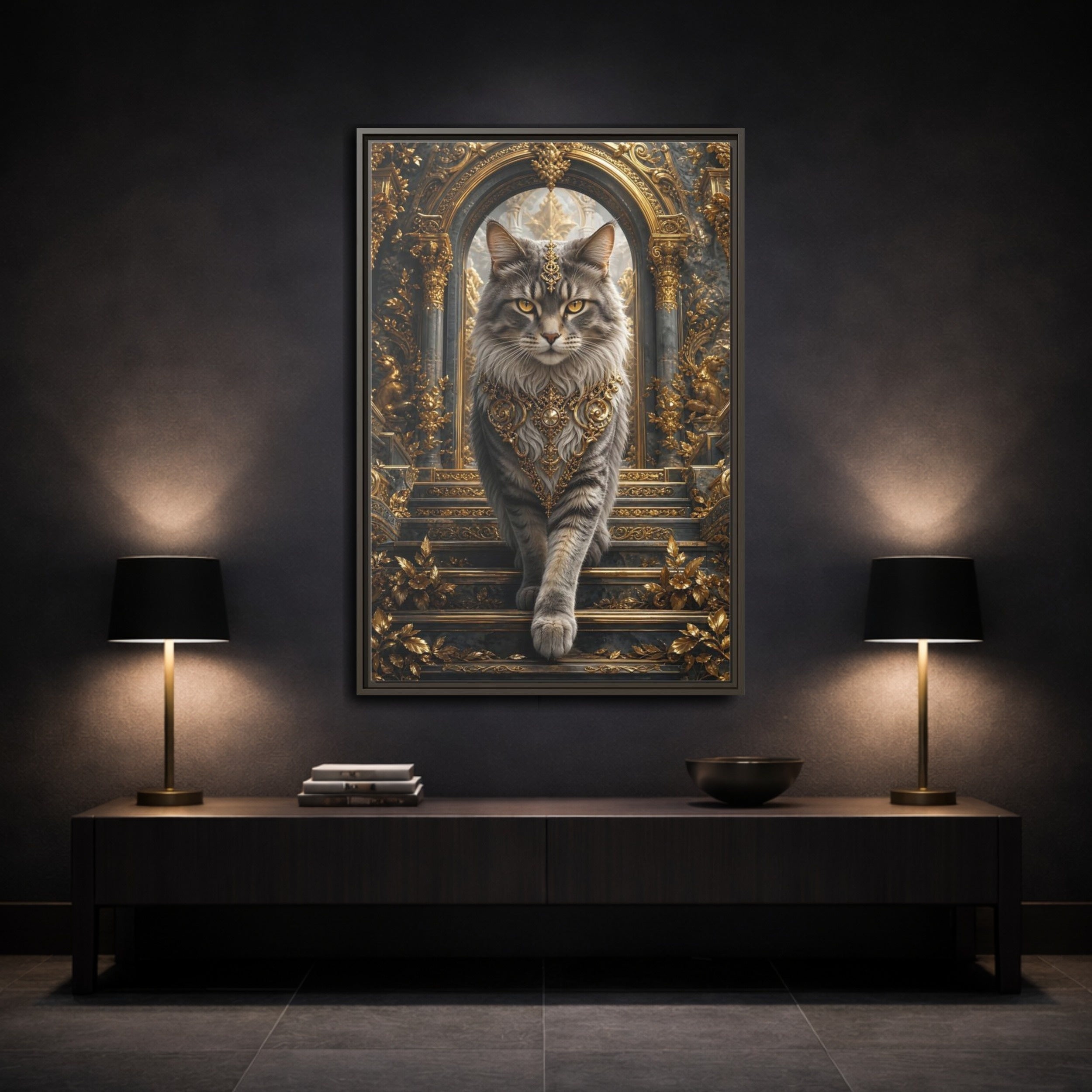 Mockup 3. Animals Majestic Cat Gray And Gold Cat shown as stretched canvas wall art