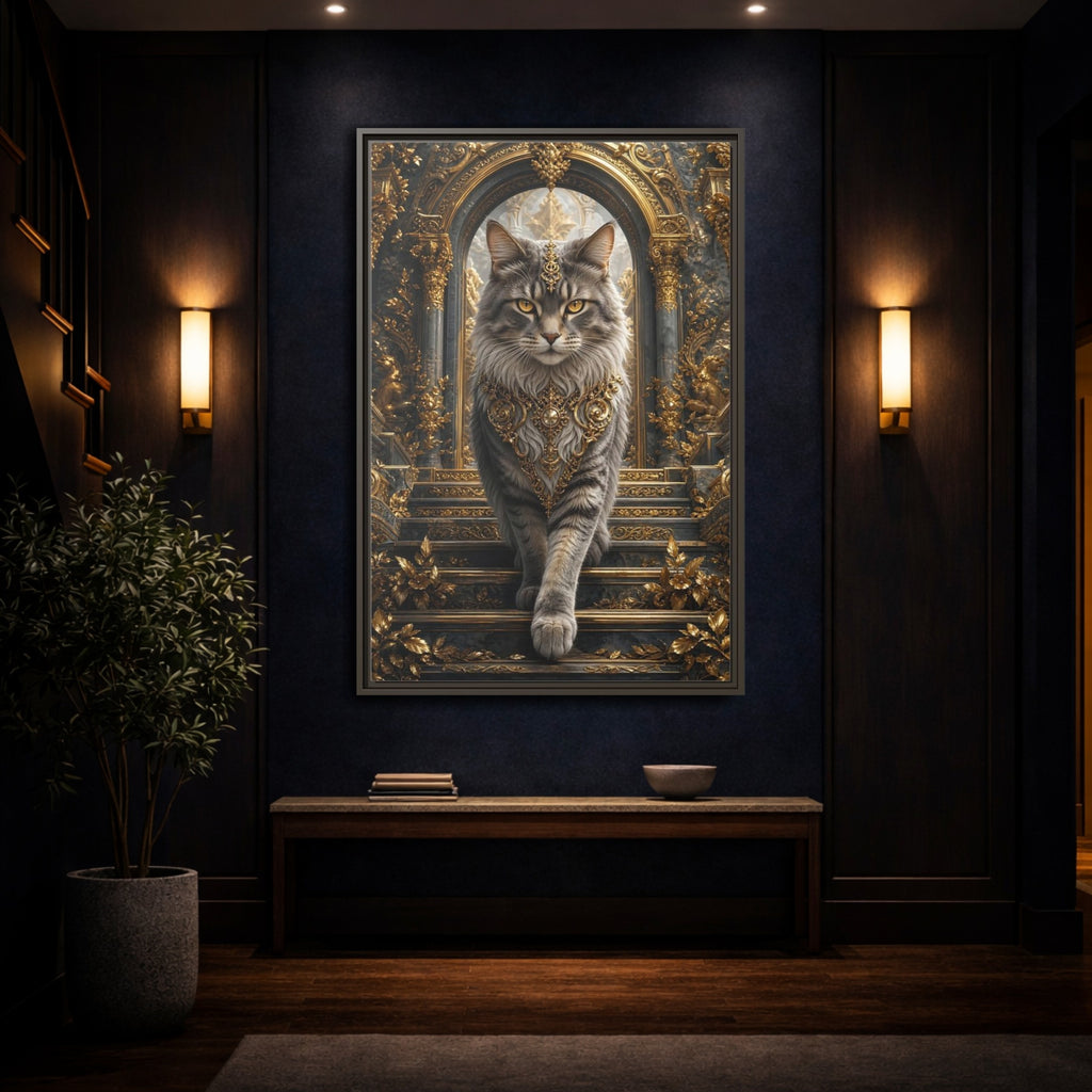 Mockup 4. Animals Majestic Cat Gray And Gold Cat shown as stretched canvas wall art