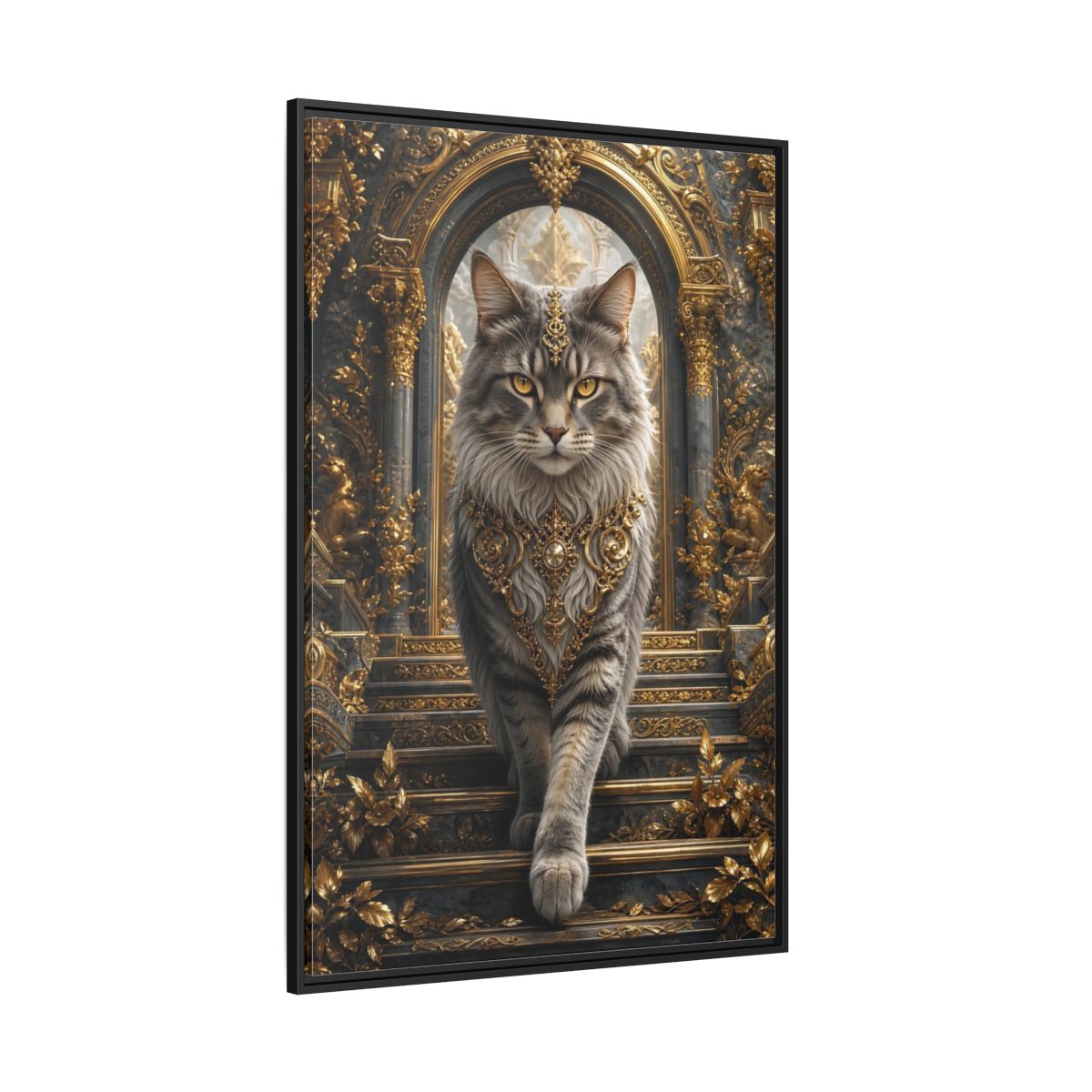 Side Mockup 12. Animals Majestic Cat Gray And Gold Cat shown as stretched canvas wall art