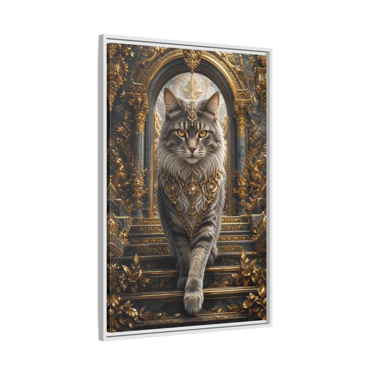 Side Mockup 9. Animals Majestic Cat Gray And Gold Cat shown as stretched canvas wall art