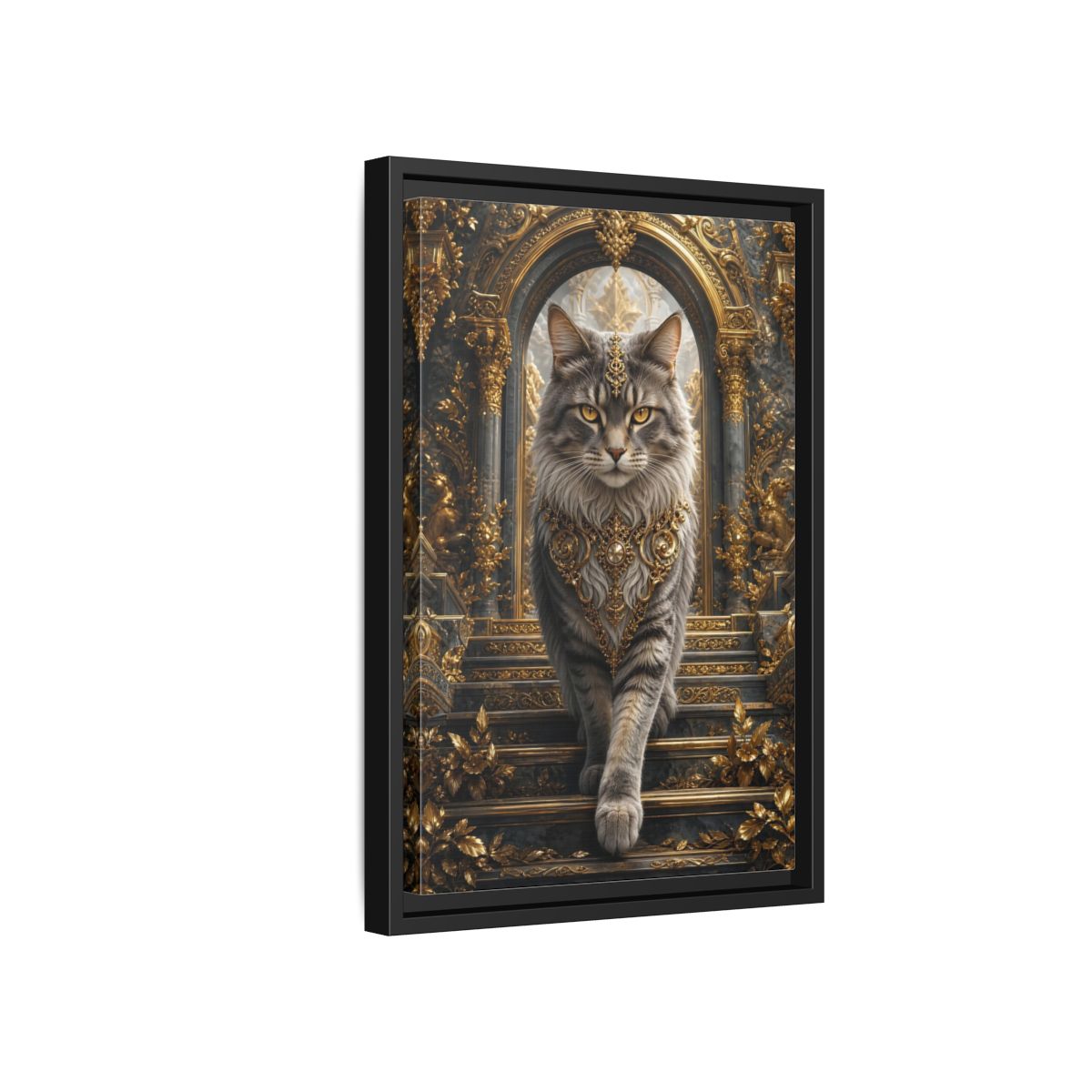 Side Mockup 6. Animals Majestic Cat Gray And Gold Cat shown as stretched canvas wall art