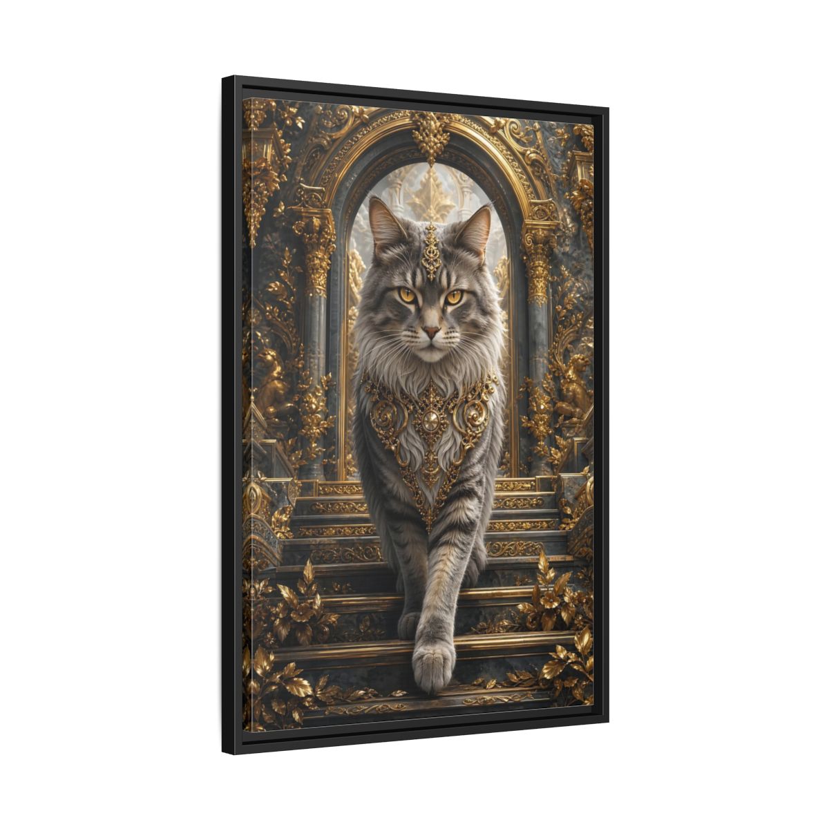 Side Mockup 14. Animals Majestic Cat Gray And Gold Cat shown as stretched canvas wall art