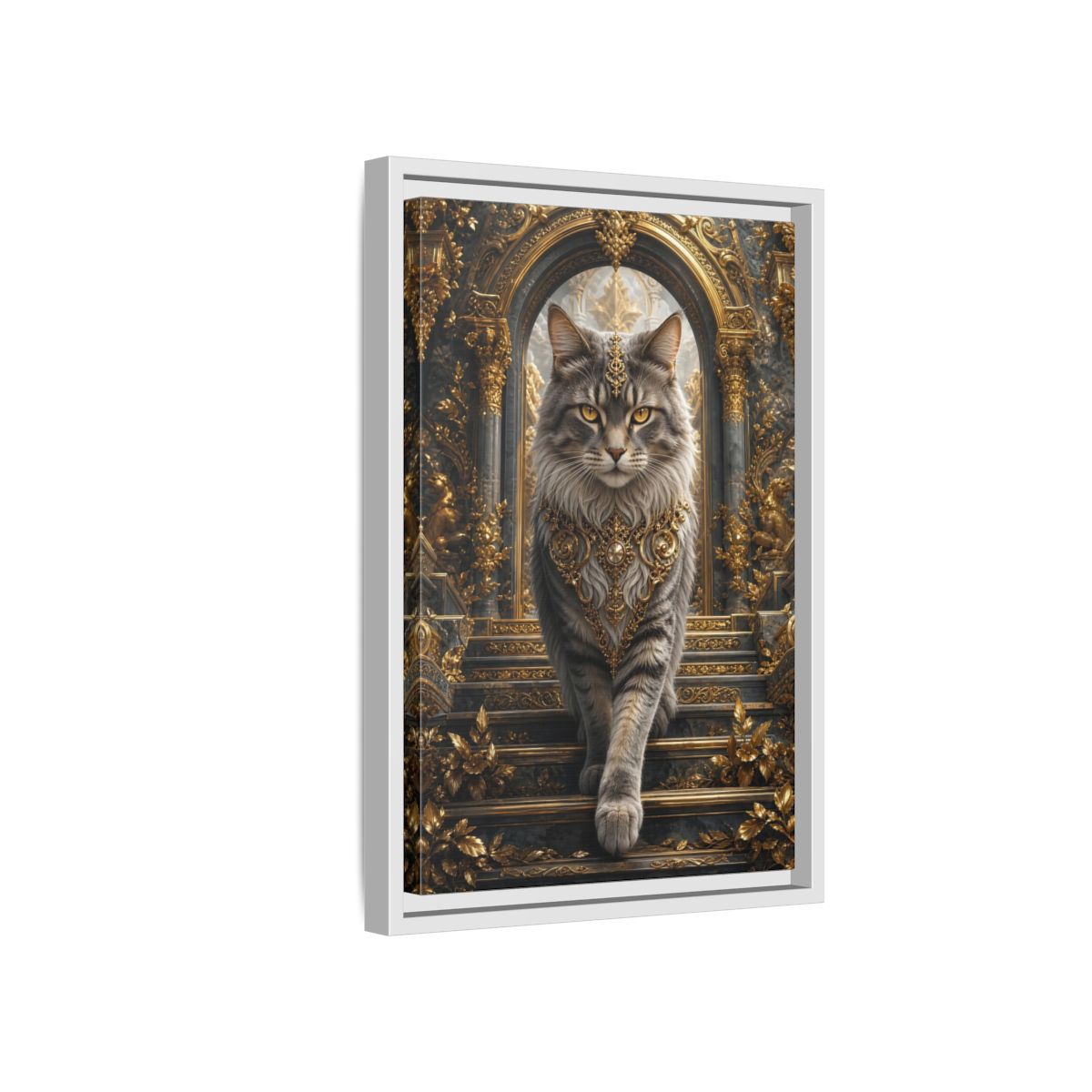 Side Mockup 4. Animals Majestic Cat Gray And Gold Cat shown as stretched canvas wall art