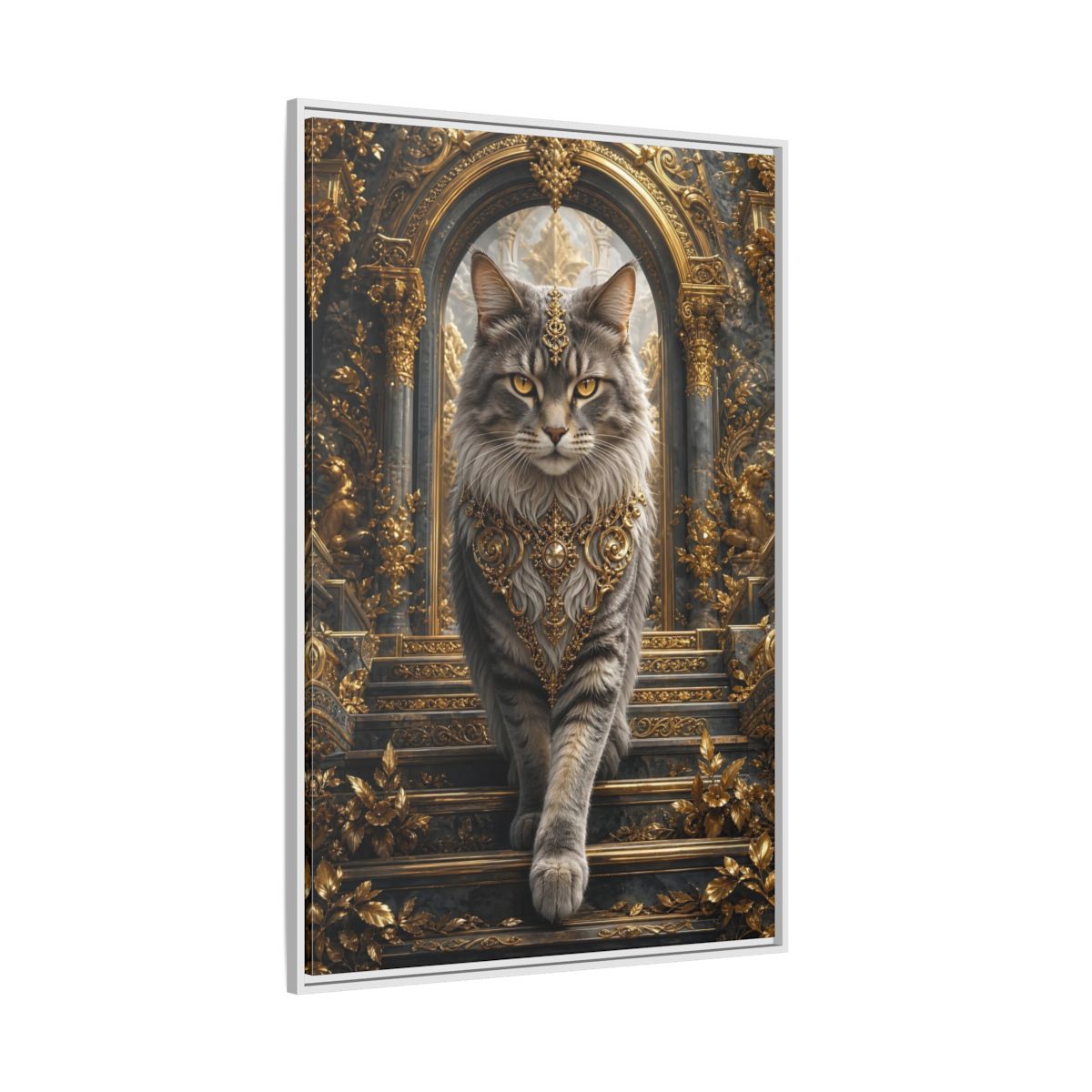 Side Mockup 7. Animals Majestic Cat Gray And Gold Cat shown as stretched canvas wall art