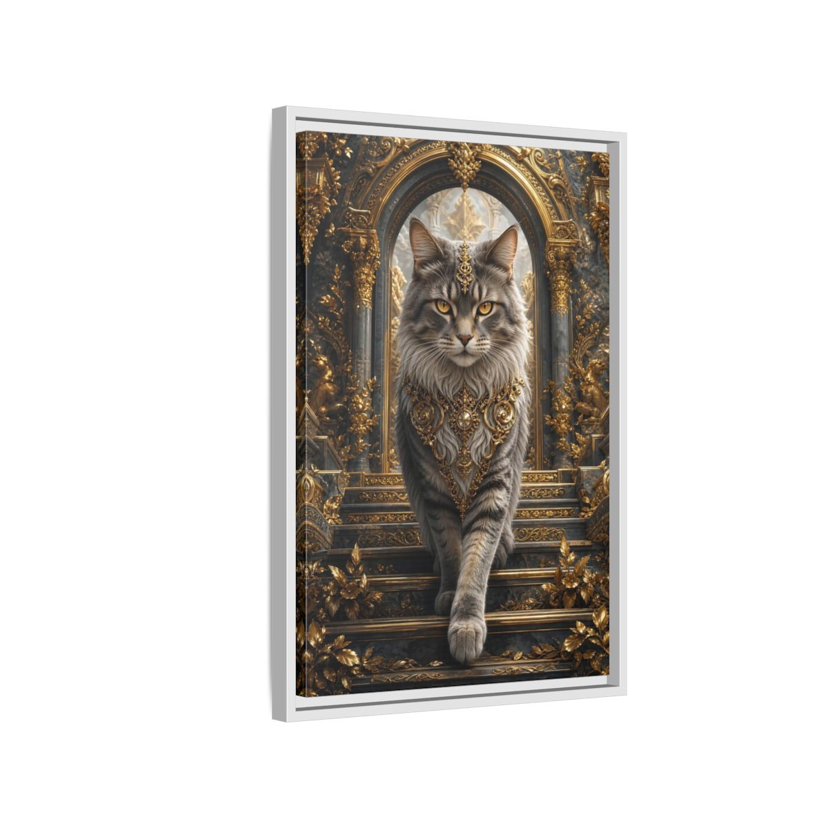 Side Mockup 1. Animals Majestic Cat Gray And Gold Cat shown as stretched canvas wall art