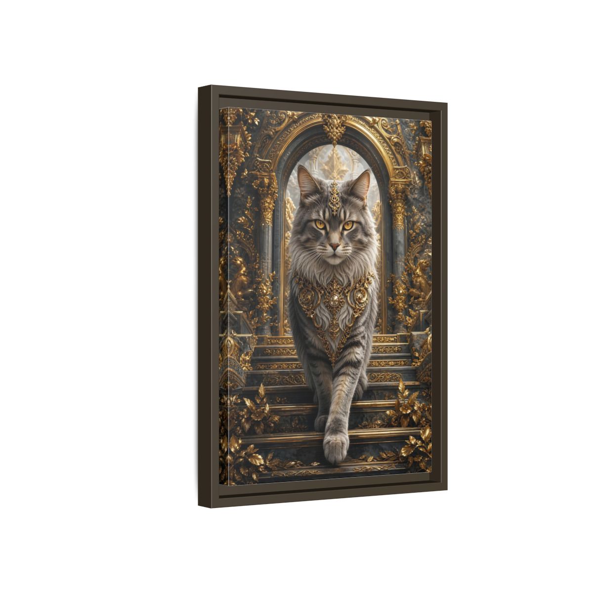 Side Mockup 5. Animals Majestic Cat Gray And Gold Cat shown as stretched canvas wall art