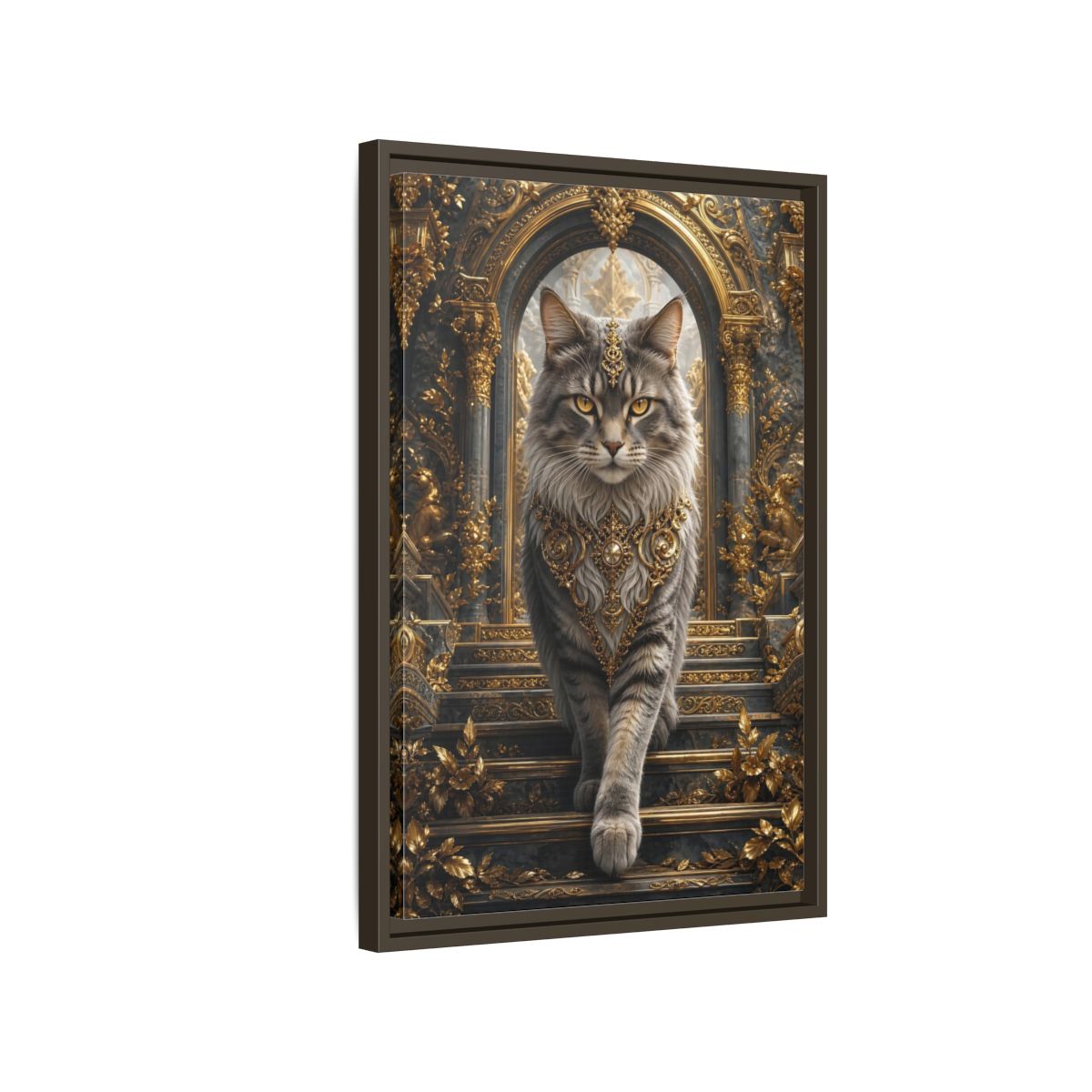 Side Mockup 2. Animals Majestic Cat Gray And Gold Cat shown as stretched canvas wall art