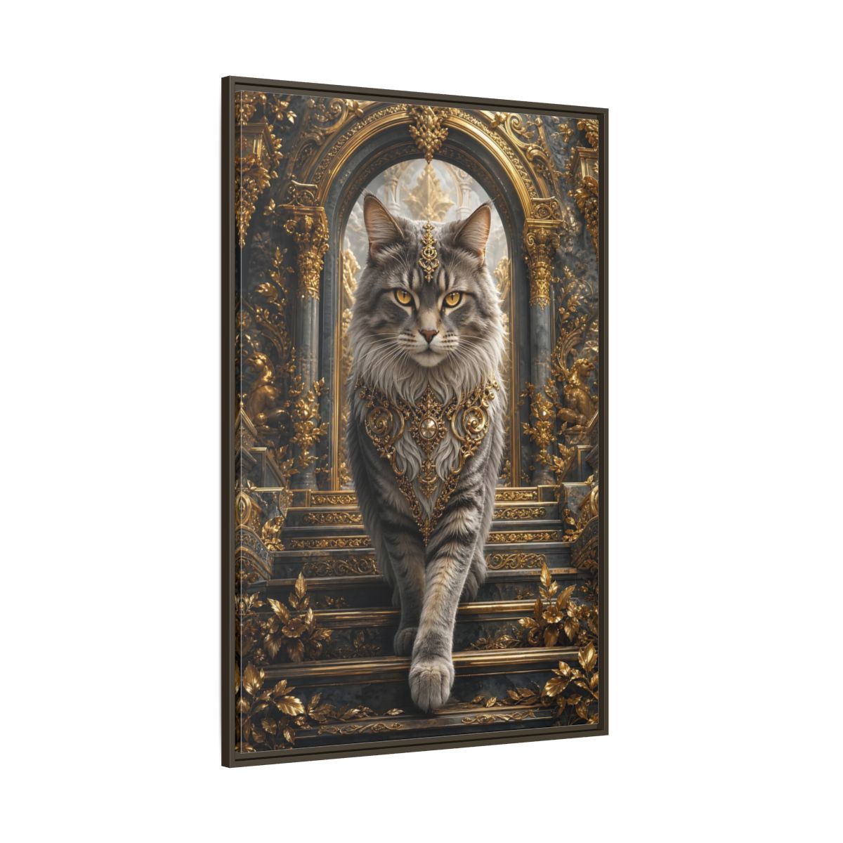 Side Mockup 8. Animals Majestic Cat Gray And Gold Cat shown as stretched canvas wall art