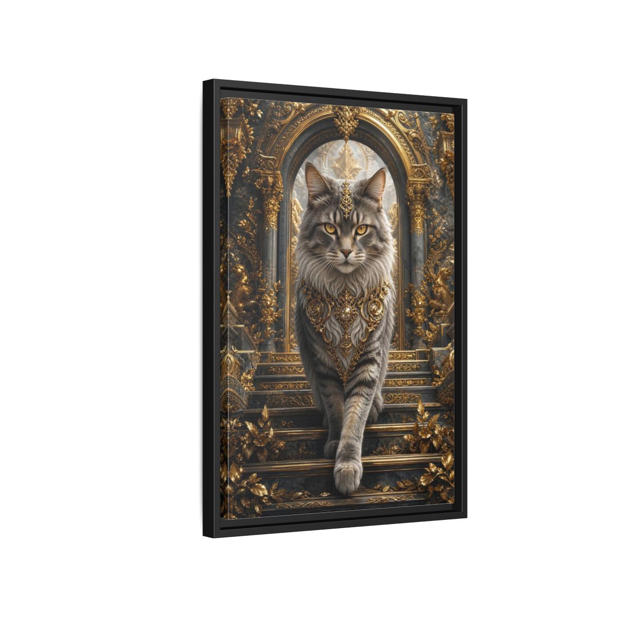 Side Mockup 3. Animals Majestic Cat Gray And Gold Cat shown as stretched canvas wall art