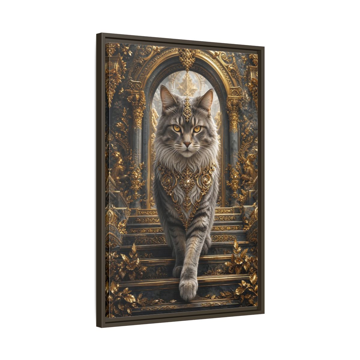 Side Mockup 11. Animals Majestic Cat Gray And Gold Cat shown as stretched canvas wall art