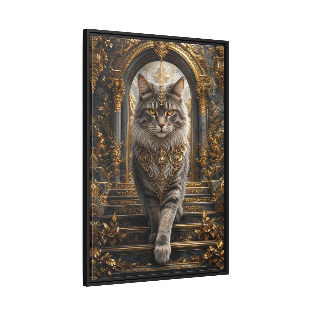 Side Mockup 13. Animals Majestic Cat Gray And Gold Cat shown as stretched canvas wall art