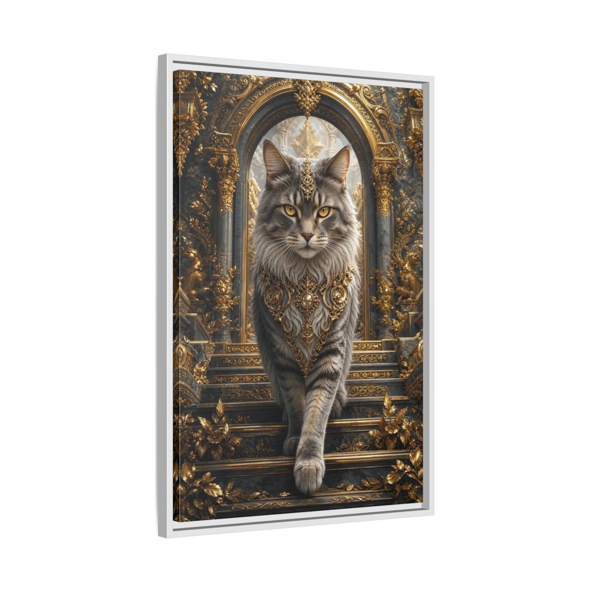 Side Mockup 10. Animals Majestic Cat Gray And Gold Cat shown as stretched canvas wall art