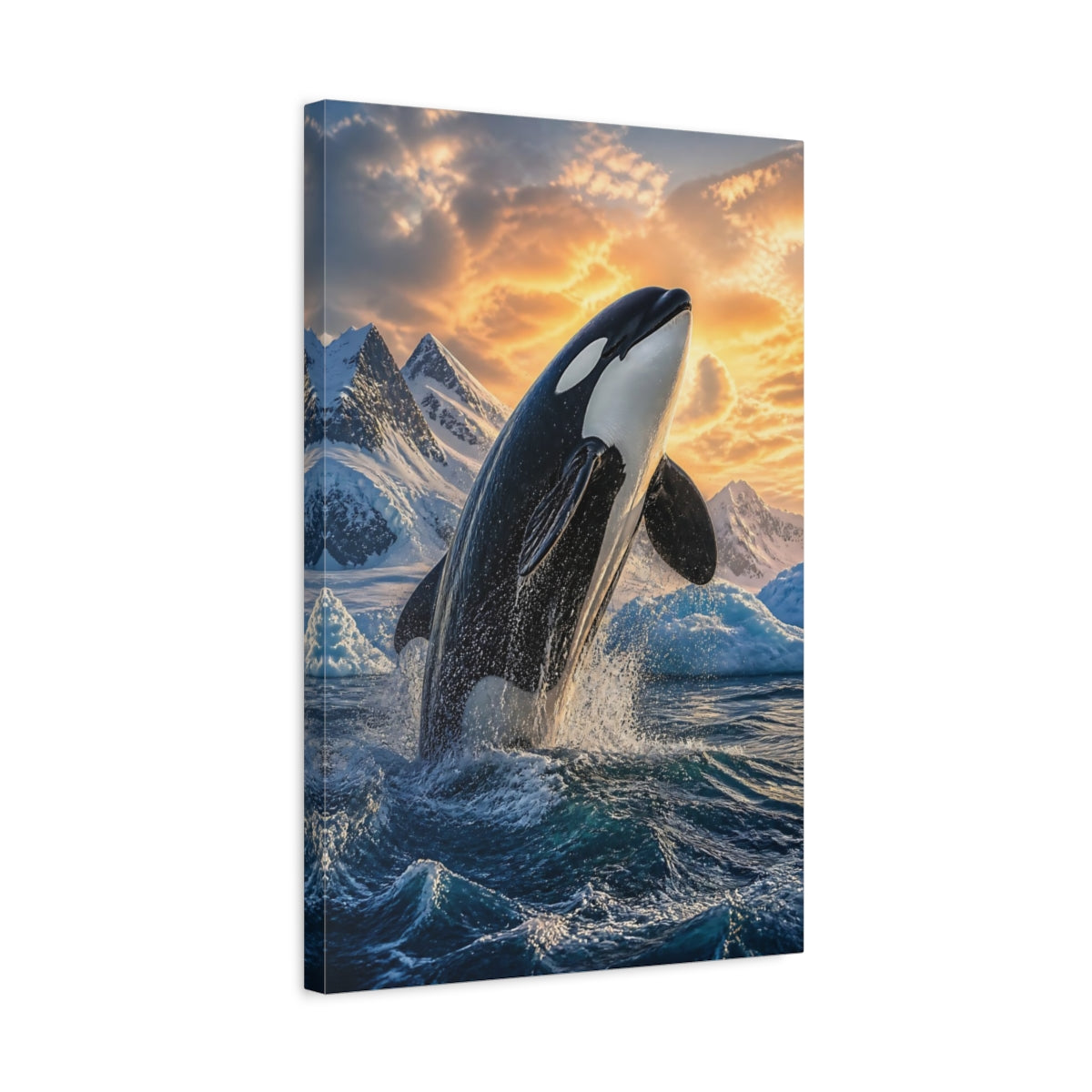 Side Mockup 3. Animals Majestic Orca Breaching shown as canvas print