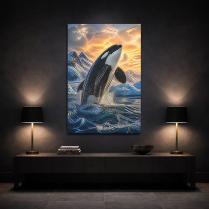 Mockup 3. Animals Majestic Orca Breaching shown as canvas print