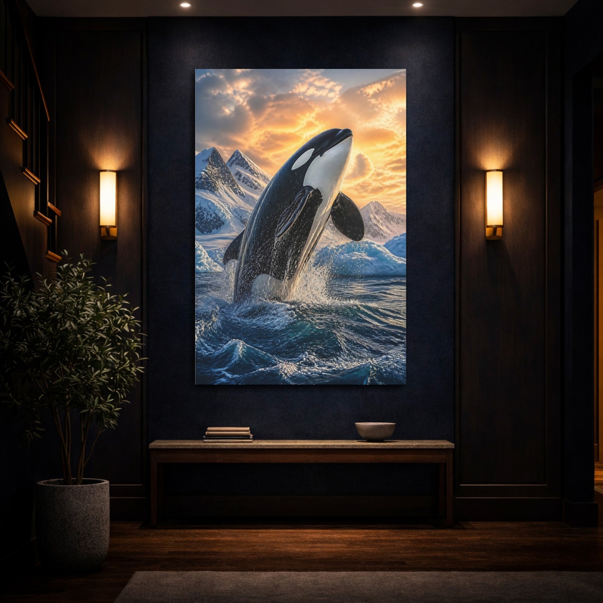 Mockup 4. Animals Majestic Orca Breaching shown as canvas print