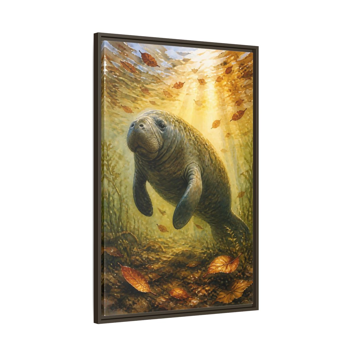 Main Mockup. Animals Manatee Brown And Gold shown as stretched canvas wall art
