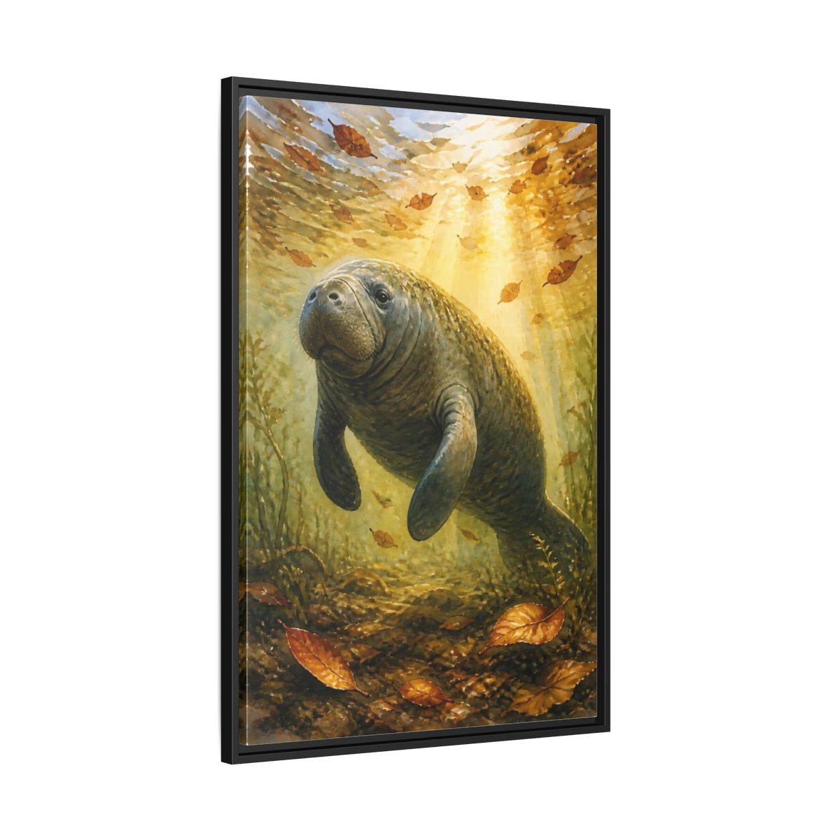 Side Mockup 13. Animals Manatee Brown And Gold shown as stretched canvas wall art