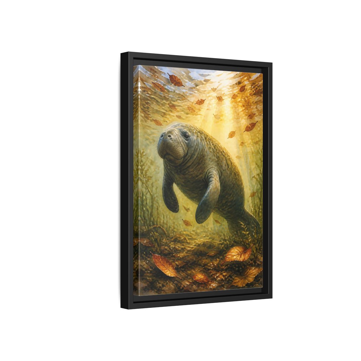Side Mockup 6. Animals Manatee Brown And Gold shown as stretched canvas wall art