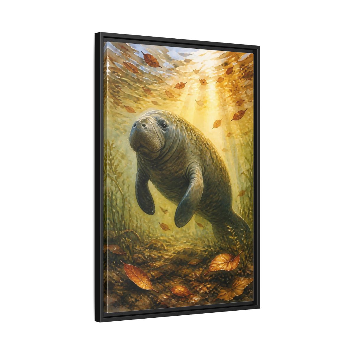 Side Mockup 14. Animals Manatee Brown And Gold shown as stretched canvas wall art