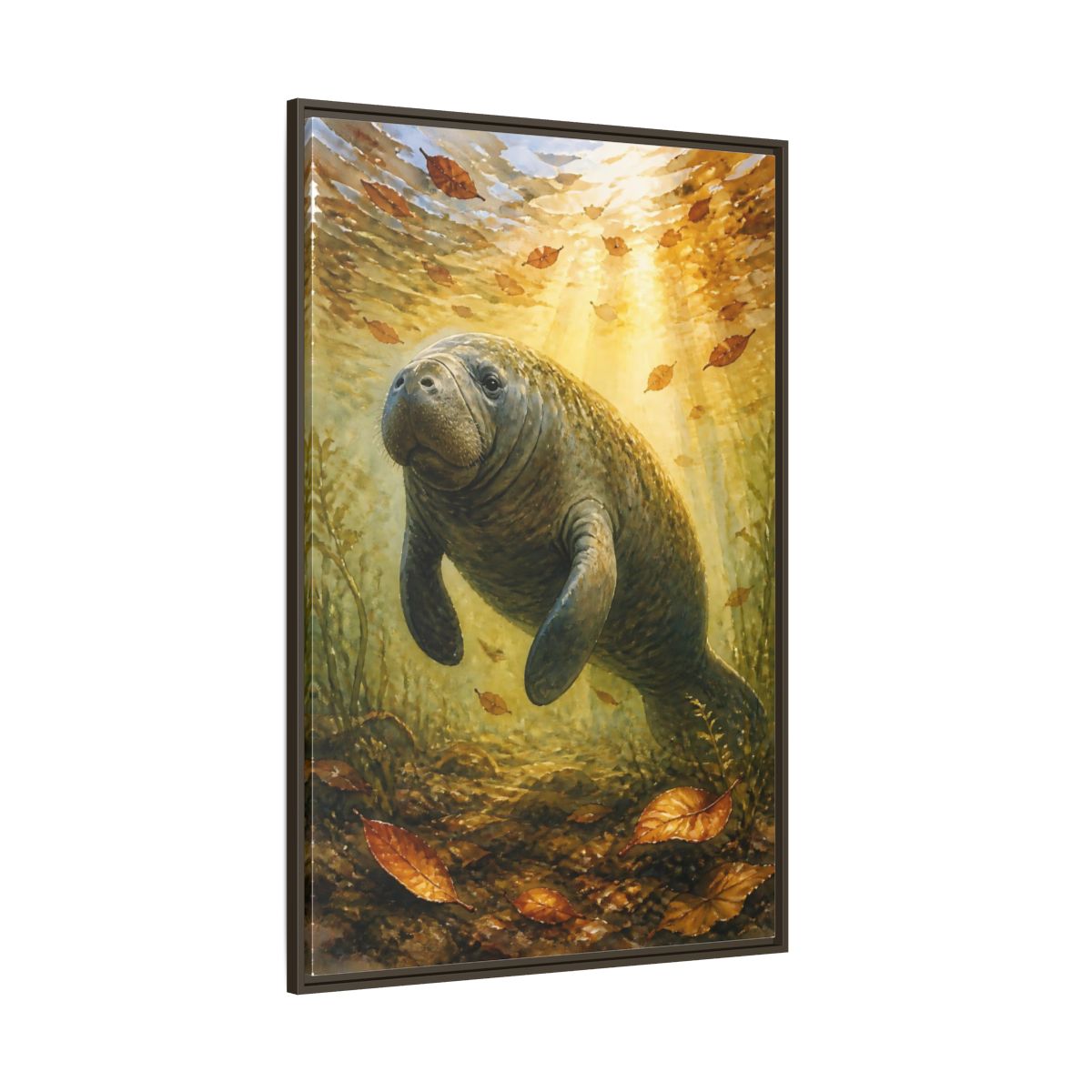 Side Mockup 8. Animals Manatee Brown And Gold shown as stretched canvas wall art