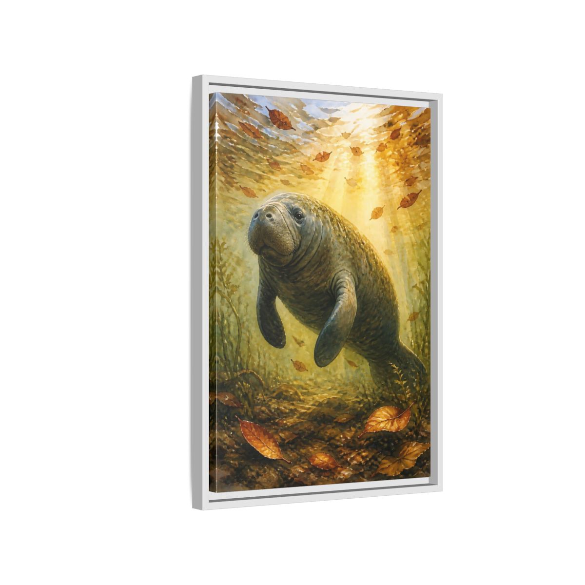 Side Mockup 1. Animals Manatee Brown And Gold shown as stretched canvas wall art