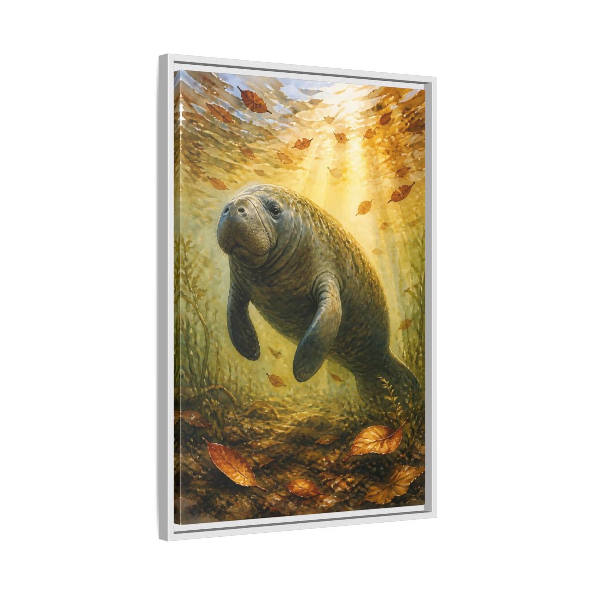 Side Mockup 10. Animals Manatee Brown And Gold shown as stretched canvas wall art