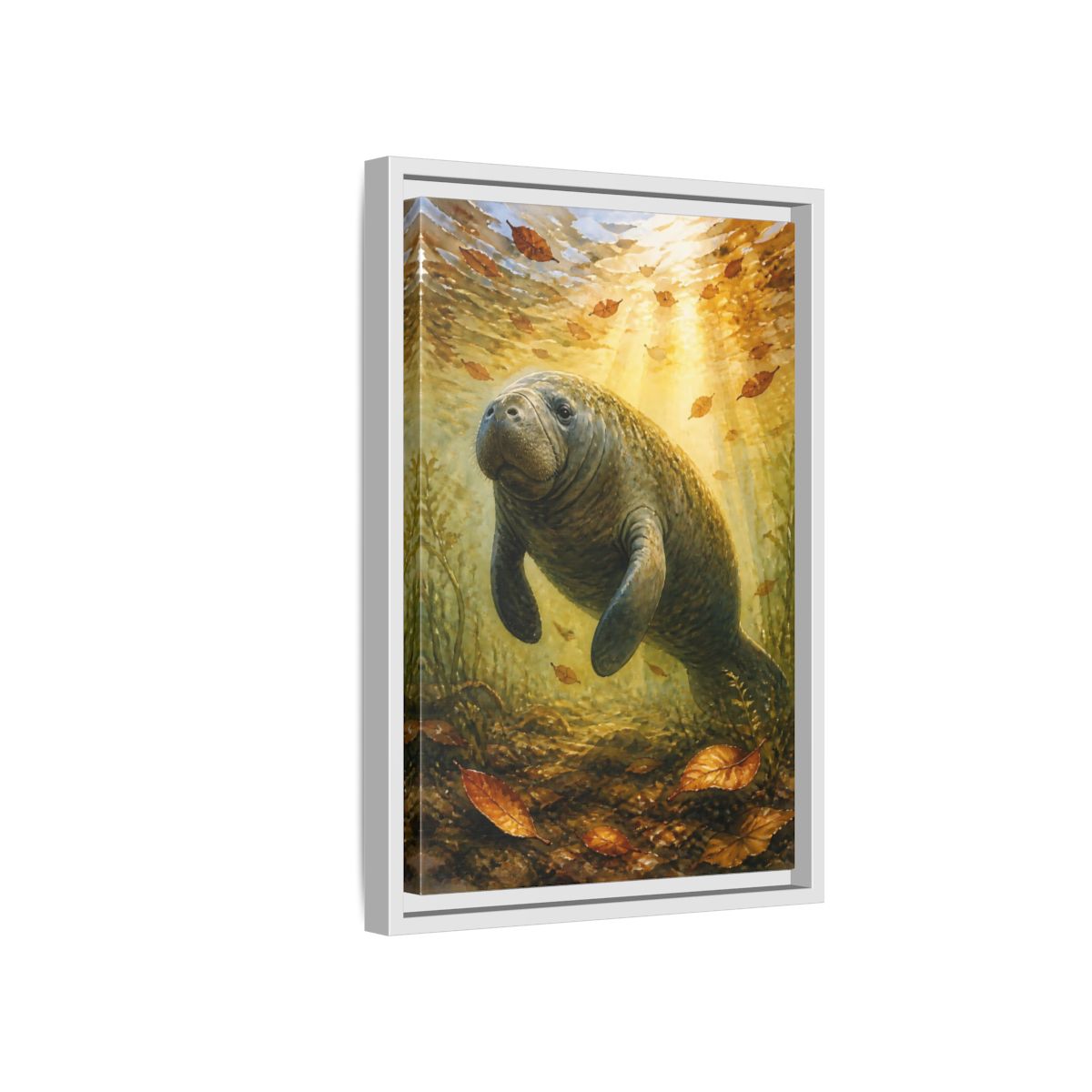 Side Mockup 4. Animals Manatee Brown And Gold shown as stretched canvas wall art