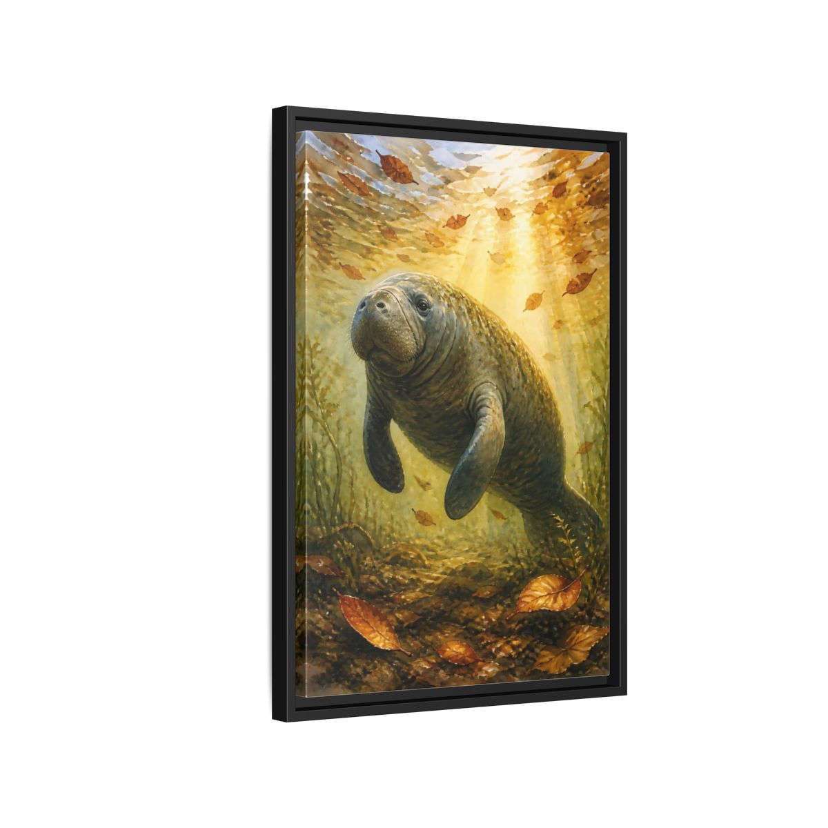 Side Mockup 3. Animals Manatee Brown And Gold shown as stretched canvas wall art