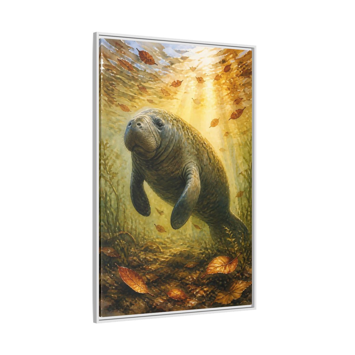 Side Mockup 7. Animals Manatee Brown And Gold shown as stretched canvas wall art