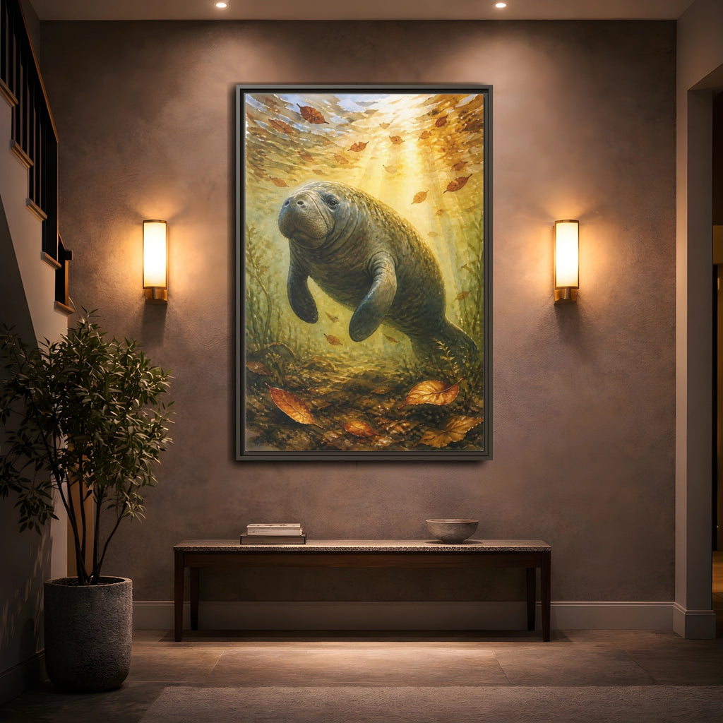 Mockup 2. Animals Manatee Brown And Gold shown as stretched canvas wall art